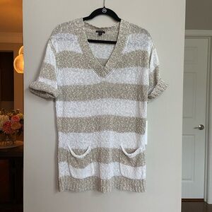 Lafayette‎ 148 New York Tan and White V-Neck Sweater, Linen/Cotton Blend, Size S